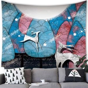 Detailed view of the abstract blue and pink deer tapestry hanging over a grey sofa
