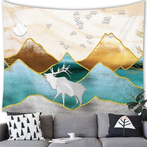 Close-up of golden mountain peaks and silver deer on artistic landscape tapestry
