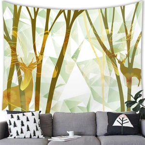 Detail of artistic forest deer tapestry featuring geometric ink painting in a cozy living room