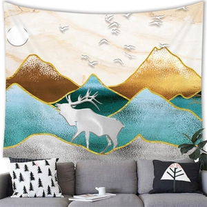 Detailed close-up of ink deer tapestry showing mountain peaks and golden textures