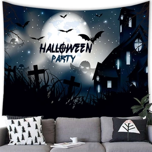 Tapisserie murale Halloween Party avec lune, château et fantôme pour déco de salon