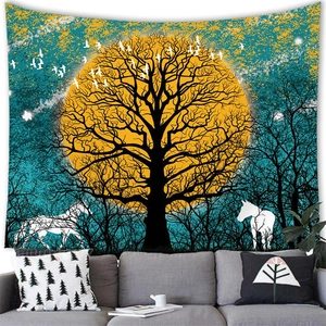 Ink painting tapestry featuring a golden moon, black forest silhouettes, and a white deer