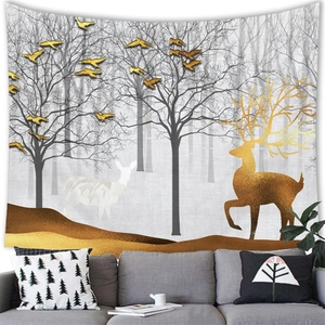 Nordic tapestry featuring golden deer and birds in ink wash style for home wall decor