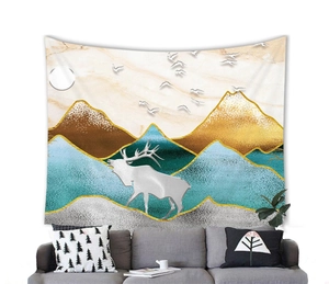 Abstract ink style tapestry with golden mountains and silver deer for wall decor