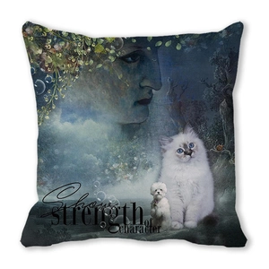 Macro shot of peach skin fabric pillowcase featuring white cat and artistic face print