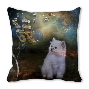 Detail of cute cat and golden dragonfly digital print on peach skin pillowcase