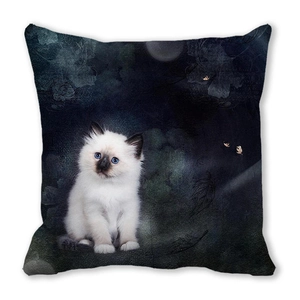 Close-up of square cushion cover featuring a white cat with blue eyes in moonlit night art