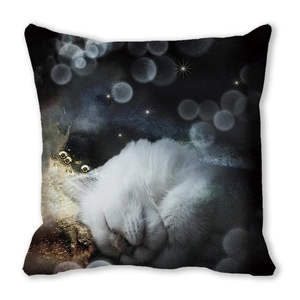 Detail of sleeping white cat design on peach skin fabric pillowcase with starry sky pattern