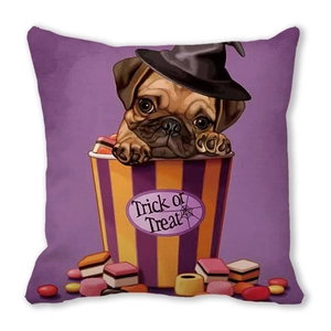 Halloween purple cushion cover with a pug in a witch hat and Trick or Treat text