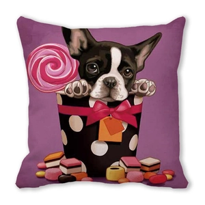 Detail of French Bulldog in polka dot cup on purple microfiber pillow case cover
