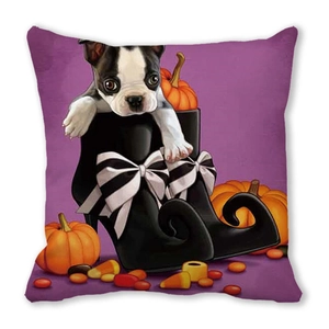 Detail of Halloween pillowcase featuring a cute bulldog in a high heel with pumpkins