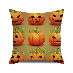 Detailed view of linen texture on Halloween cushion cover with nine pumpkin patterns