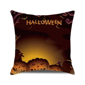 Detail of Halloween pillow case with glowing pumpkin lamp and tombstone motif