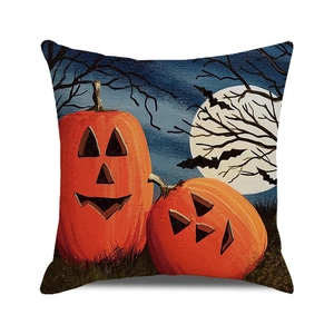 Close-up of Halloween pumpkin cushion cover showing linen texture and detailed festive print