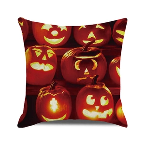 Detailed close-up of square Halloween cushion cover with spooky pumpkin lantern prints