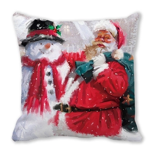Watercolor Christmas pillow case with Santa and snowman on peach skin fabric