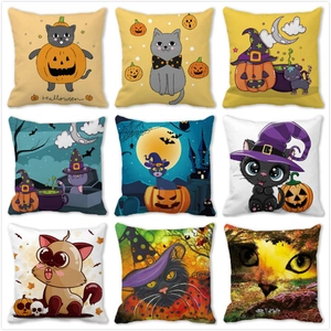 Halloween Decorative Pillowcase Peach Skin Velvet Cushion Cover Cute Black Cat Pumpkin Witch Pattern For Sofa Home Decor