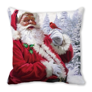 Detail of Christmas pillowcase with watercolor Santa Claus and red cardinal bird illustration