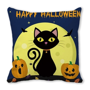 Halloween black cat and pumpkin illustration on a dark blue square cushion cover