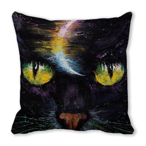 Halloween black cat oil painting style square throw pillow cover with yellow eyes