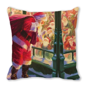 Detail of Christmas pillow cover featuring watercolor oil painting of Santa Claus scenes