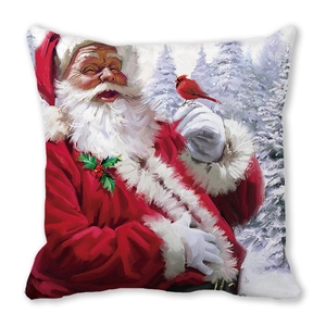 Christmas Santa Claus watercolor pillowcase with red cardinal bird and snowy forest art