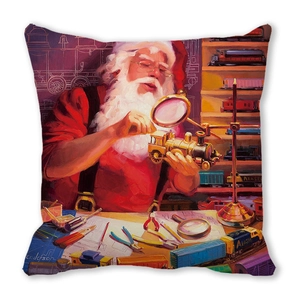 Detail of Christmas pillow cover showing Santa repairing a toy train in oil painting style