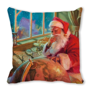 Detail of Santa Claus oil painting print on a square Christmas pillow case with snowy window