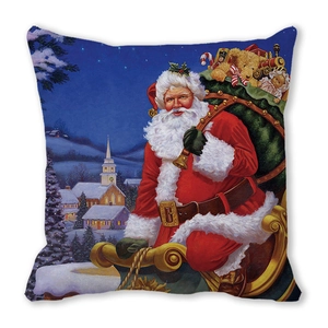 Detail of Christmas pillowcase with watercolor Santa Claus sleigh and snowy village illustration