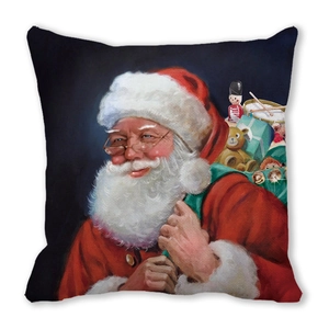 Detailed view of Santa Claus oil painting print on peach skin fabric Christmas pillow case