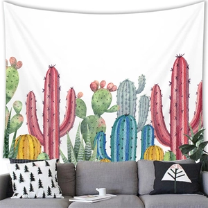 Detail of watercolor cactus tapestry showing vibrant desert plants on white fabric texture
