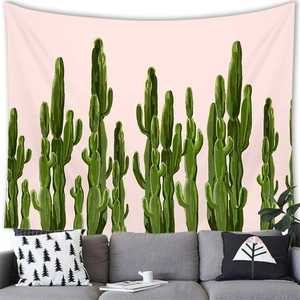 Cactus watercolor tapestry wall hanging for living room decor over gray sofa
