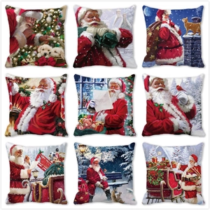 Merry Christmas Santa Claus Oil Painting Style Cushion Cover Peach Skin Velvet Square Decorative Pillow Case For Home Sofa