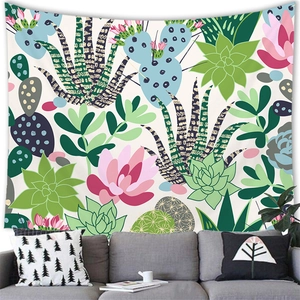 Watercolor cactus and succulent tapestry wall hanging for modern living room decor