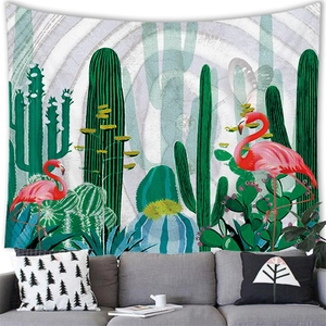 Detail showing the watercolor flamingo and cactus print on the wall tapestry fabric texture