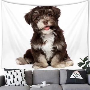 Detail of soft brushed fabric tapestry featuring a watercolor bulldog pup for home decor