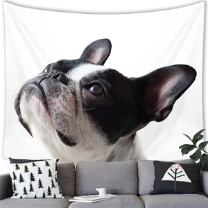 Detail of soft fabric wall tapestry featuring artistic black and white dog print for home decor
