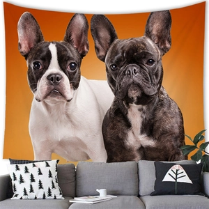 Detail of French Bulldog tapestry with vibrant orange background displayed over a sofa