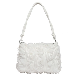 Elegant white shoulder bag featuring 3D fabric rose petals and thin rope strap