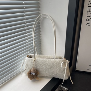 Women Winter Plush Underarm Bag With Bow Monster Pendant Soft Lamb Wool Texture Shoulder Tote Bag Casual Fashion Handbag