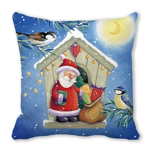 Detailed view of Merry Christmas peach skin pillowcase with Santa and bird illustration