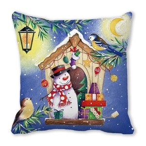 Detailed view of snowman and birdhouse illustration on peach skin Christmas pillow cover
