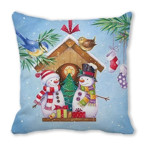 Detail of Christmas peach skin cushion cover featuring cute snowmen in a winter scene