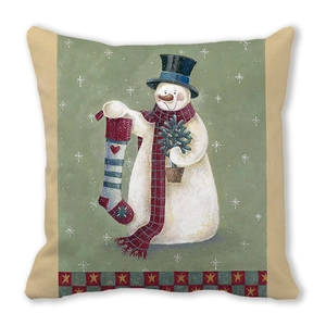 Detailed fabric texture of Christmas pillowcase with hand-drawn snowman illustration