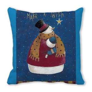 Detail of Christmas snowman throw pillow with Make a Wish print on peach skin fabric