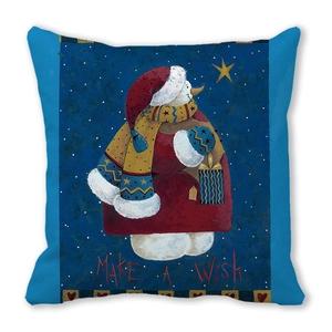Macro shot of square Christmas cushion with snowman and Make A Wish text on blue background
