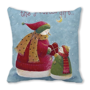 Detailed view of Merry Christmas blue peach skin pillowcase with snowmen and gift motif