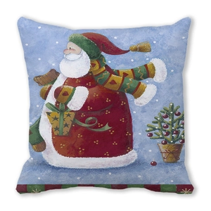 Christmas square pillow cover with Santa Claus illustration and snowflakes on white background