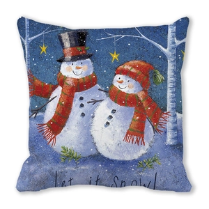 Detail of Let it Snow Christmas pillowcase with snowman illustration and peach skin texture