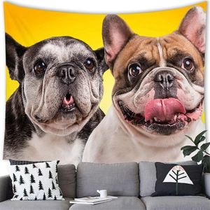French Bulldog watercolor tapestry wall hanging over a gray sofa for home decor